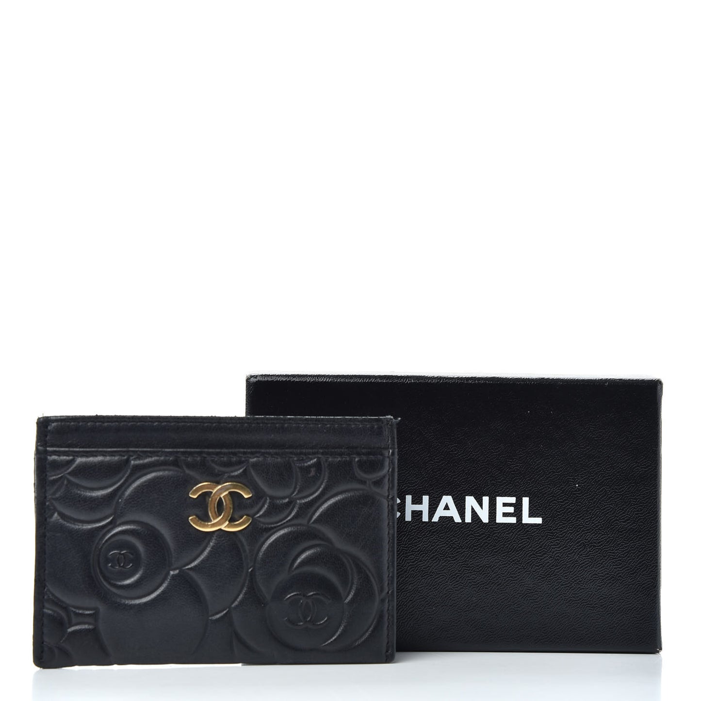 Lambskin Camellia Embossed Card Holder Black