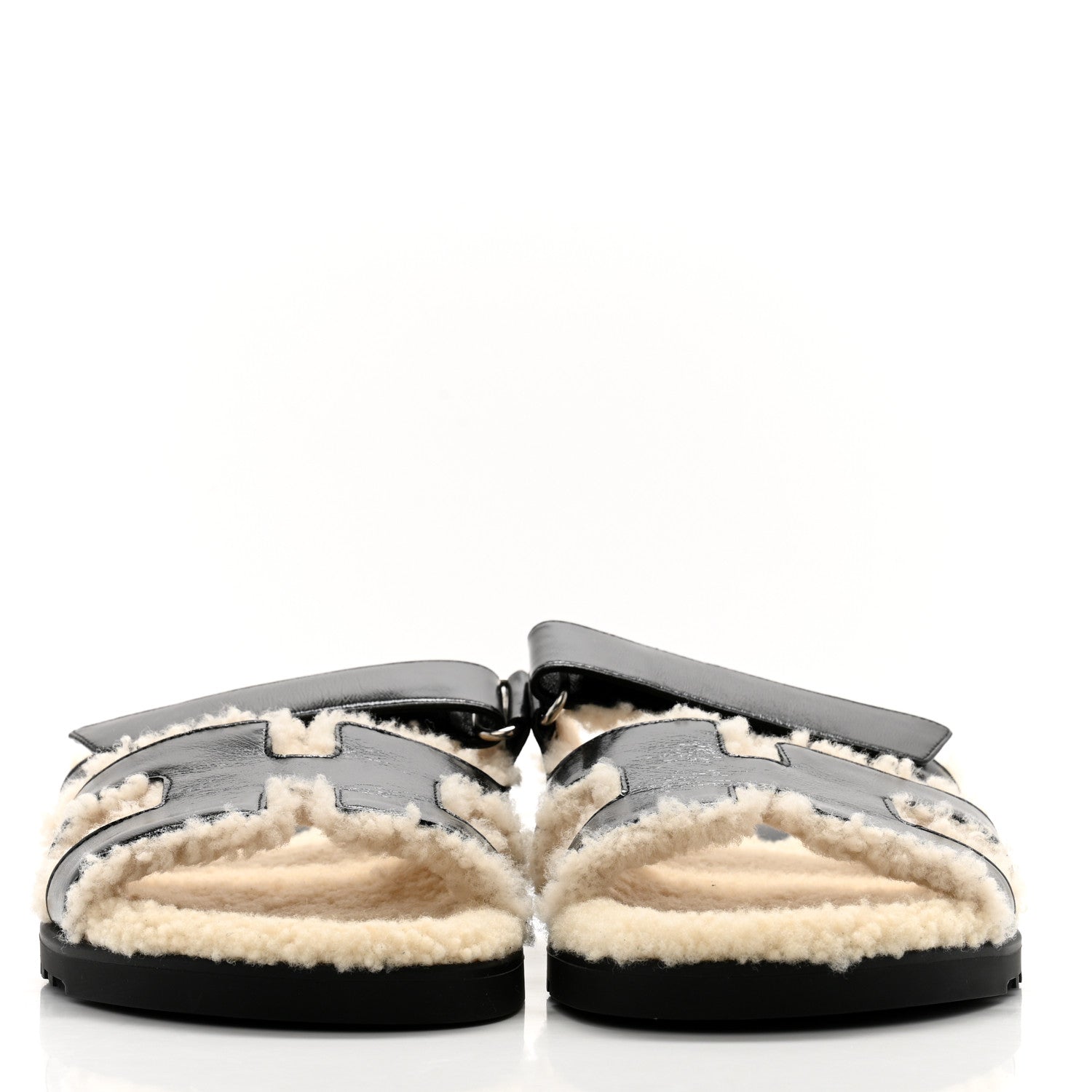 Hermes Glazed Nappa Woolskin Womens Chypre Sandals 40.5 Black Ecru 2 of 9