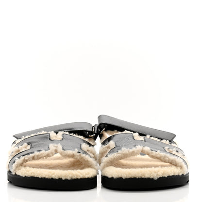 Hermes Glazed Nappa Woolskin Womens Chypre Sandals 40.5 Black Ecru 2 of 9