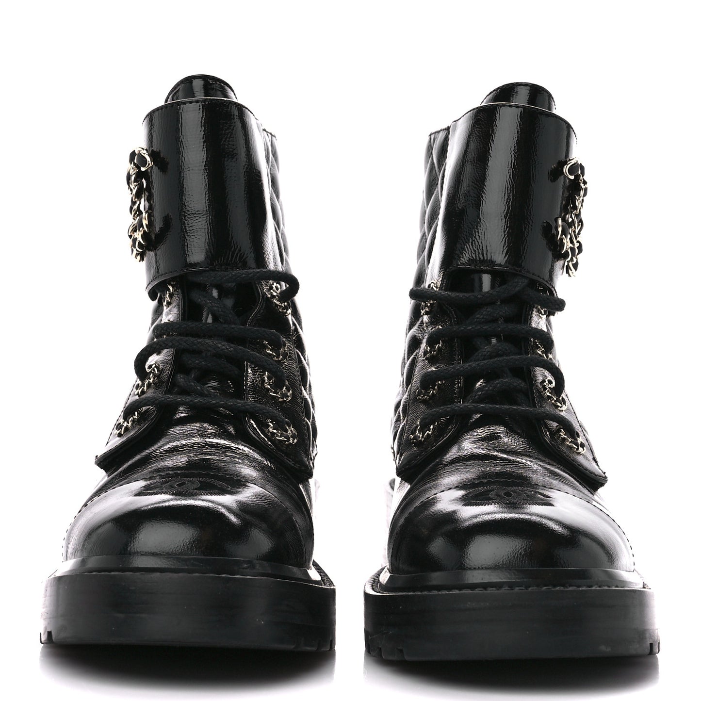 Shiny Goatskin Calfskin Quilted Lace Up Combat Boots 38 Black