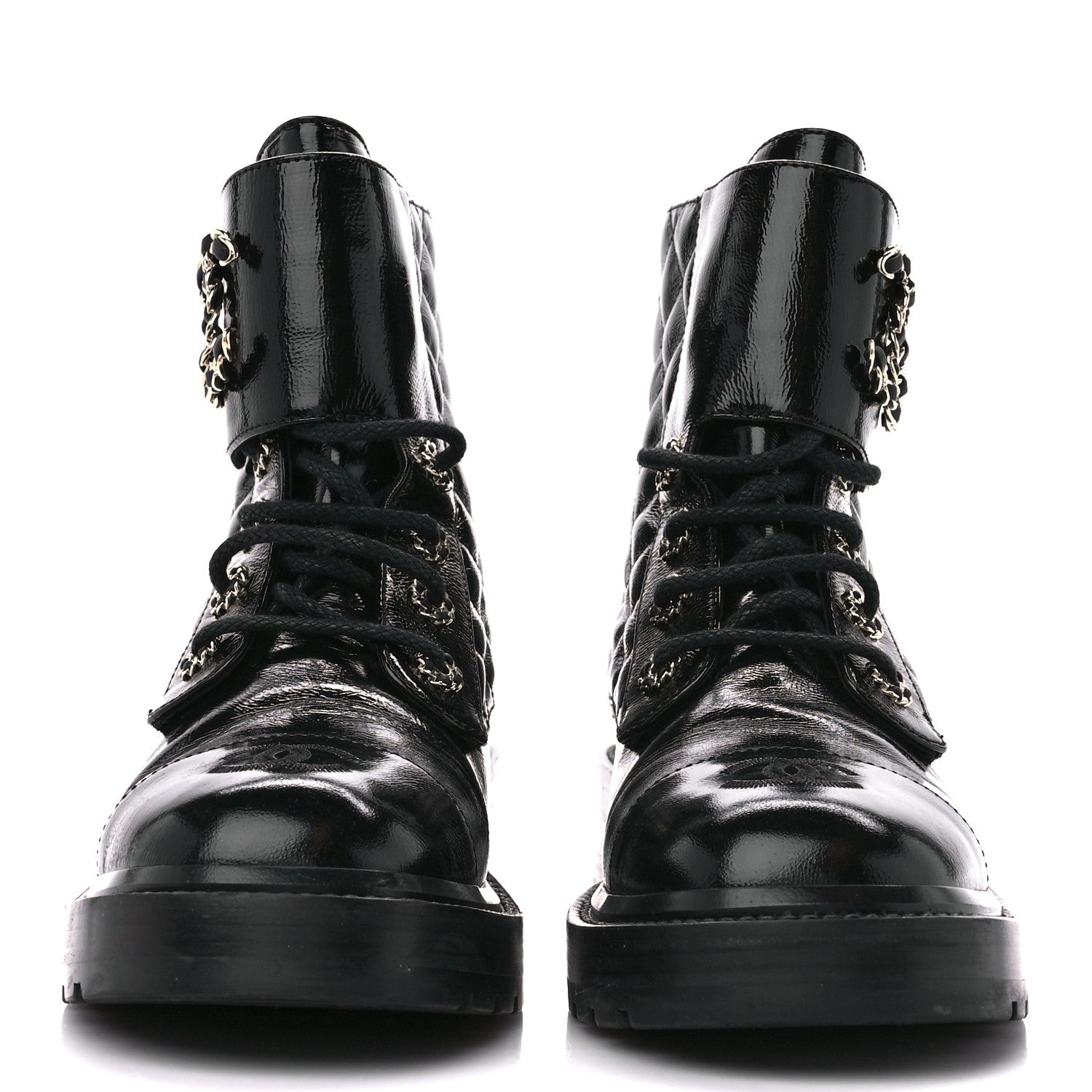Chanel Shiny Goatskin Calfskin Quilted Lace Up Combat Boots 38 Black 2 of 9