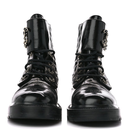 Chanel Shiny Goatskin Calfskin Quilted Lace Up Combat Boots 38 Black 2 of 9