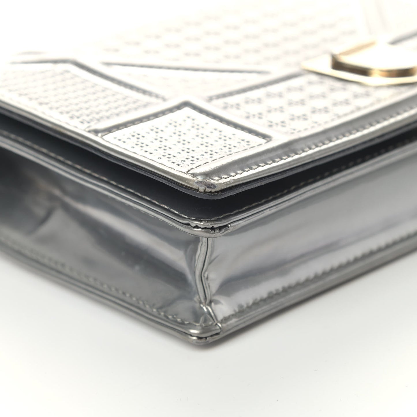 Metallic Patent Micro-Cannage Diorama Wallet on Chain Pouch Silver