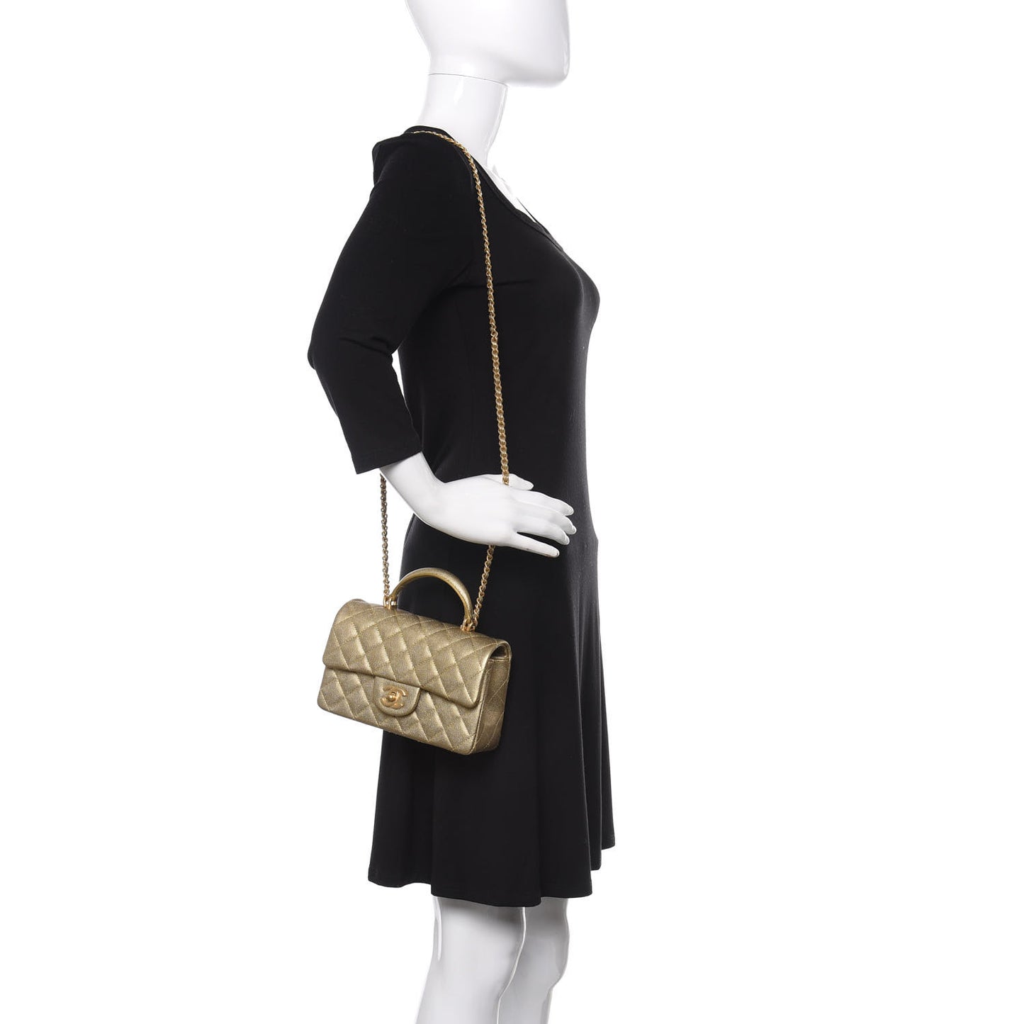 Metallic Caviar Quilted Mini Top Handle Rectangular Flap Gold