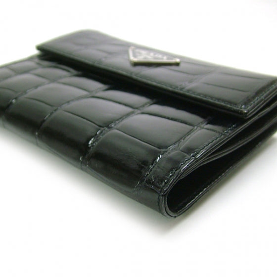Crocodile Embossed Small Flap Wallet Black