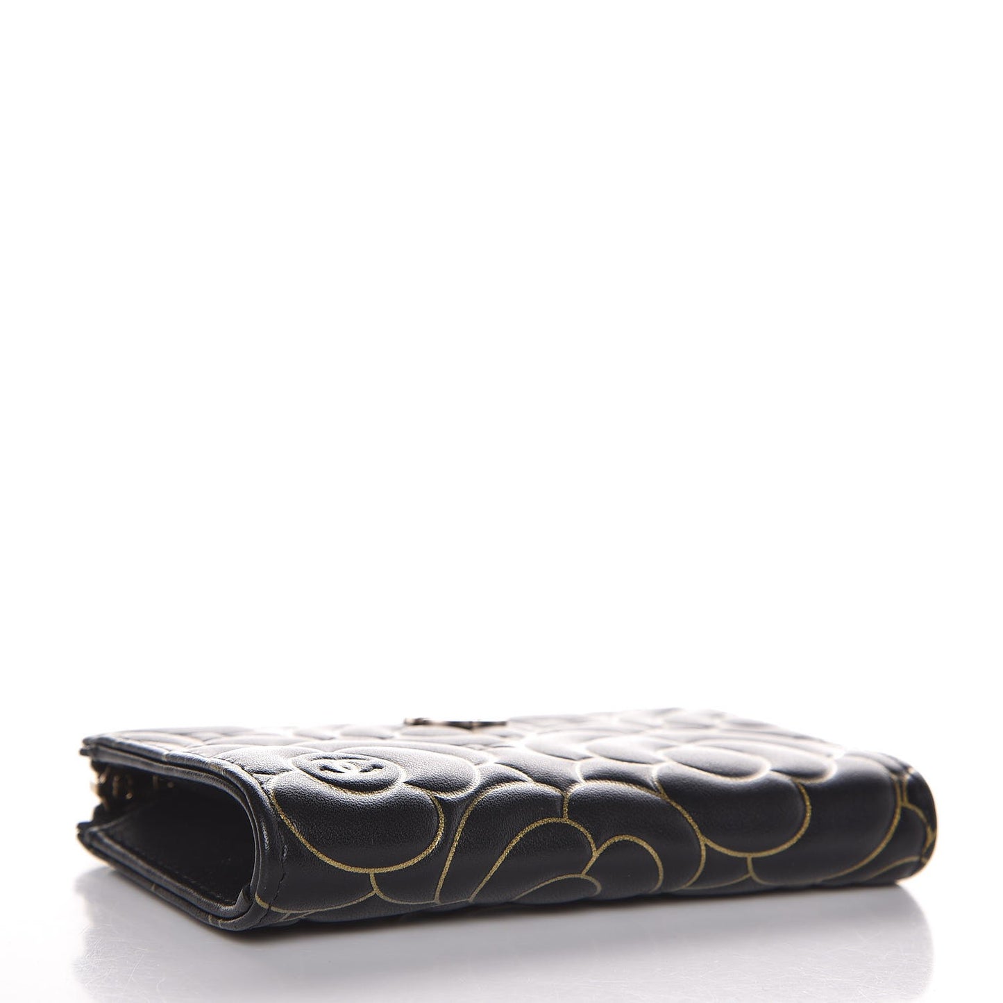 Lambskin Camellia Embossed Key Holder Case Black Gold