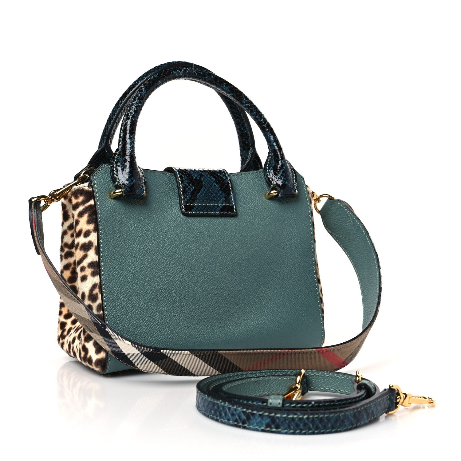 Burberry Soft Grain Calfskin Pony Hair Snakeskin Small Buckle Tote Blue 3 of 9
