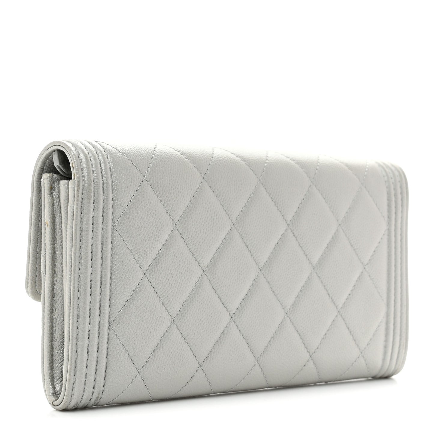 Metallic Caviar Quilted Large Boy Gusset Flap Wallet Silver