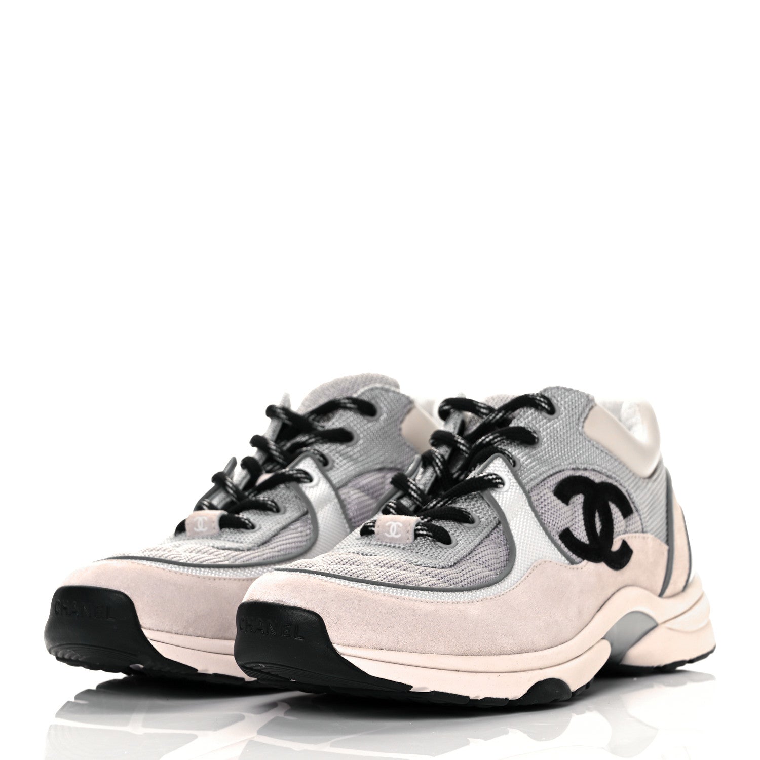 Chanel Nylon Calfskin Suede Womens CC Sneakers 39.5 Grey White Pink 11 of 32