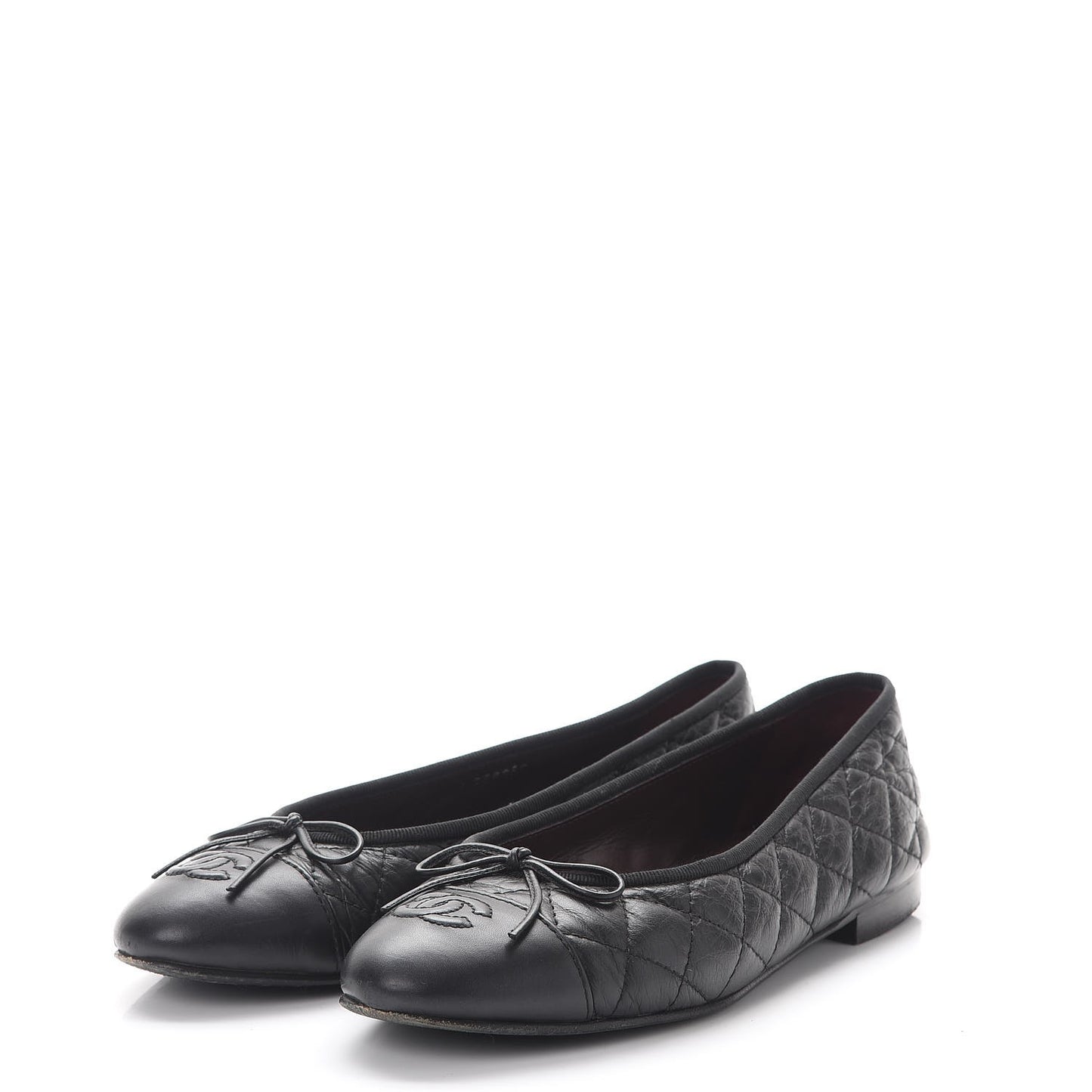 Aged Calfskin Quilted Cap Toe Ballerina Flats 38 Black