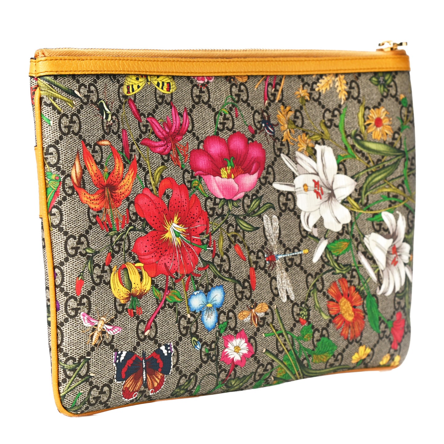 GG Supreme Monogram Flora Large Ophidia Pouch Clutch Beige Multicolor Crop
