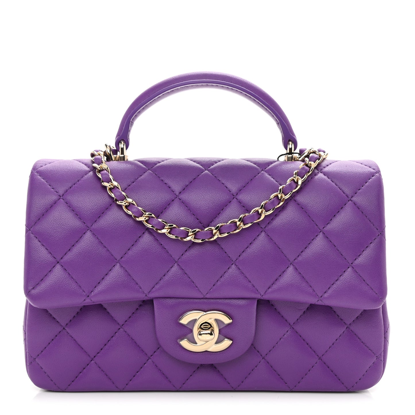 Lambskin Quilted Mini Top Handle Rectangular Flap Purple