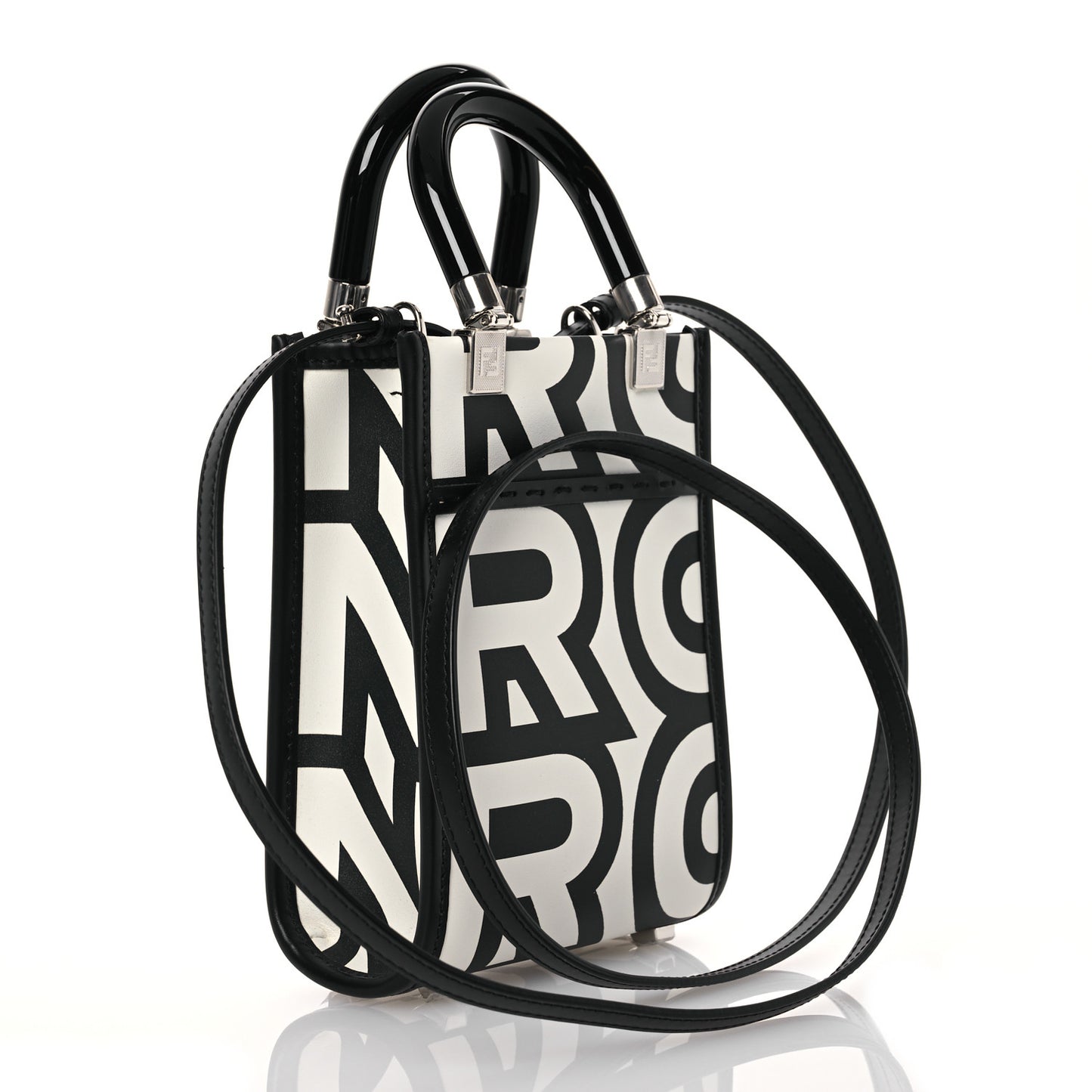 X MARC JACOBS Vitello King Plexiglass Logo Print Mini Fendi Sunshine Shopper Tote Black White