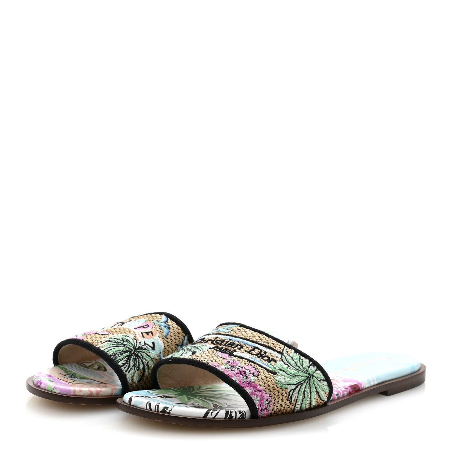 Christian Dior Raffia Embroidered Souvenir Saint Tropez Dway Mules Slide Sandals 38 Natural Multicolor 4 of 9
