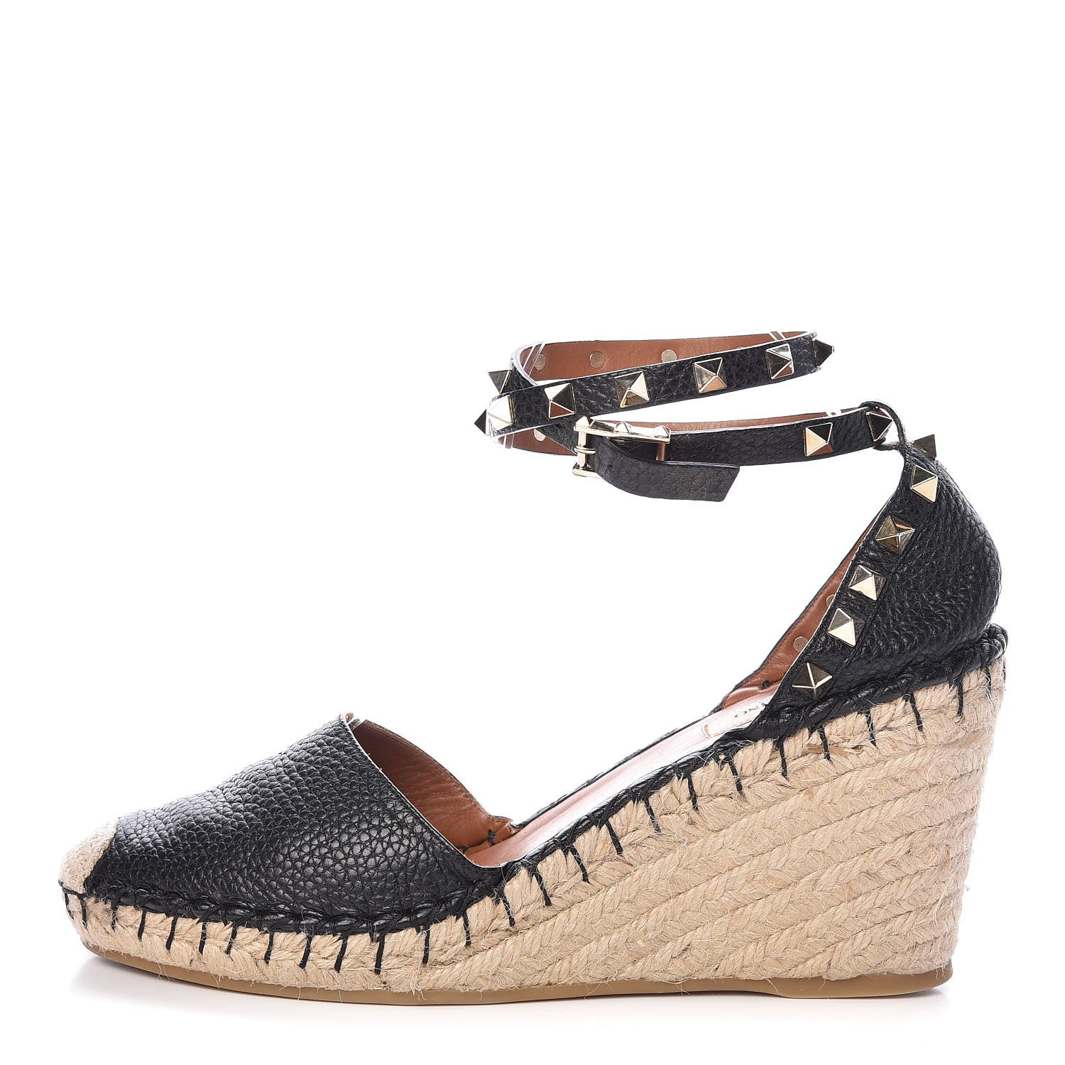 Valentino Garavani Grained Calfskin Rockstud Ankle Wrap Espadrille 15/85mm Wedges 39 Black Light Cuir 1 of 8