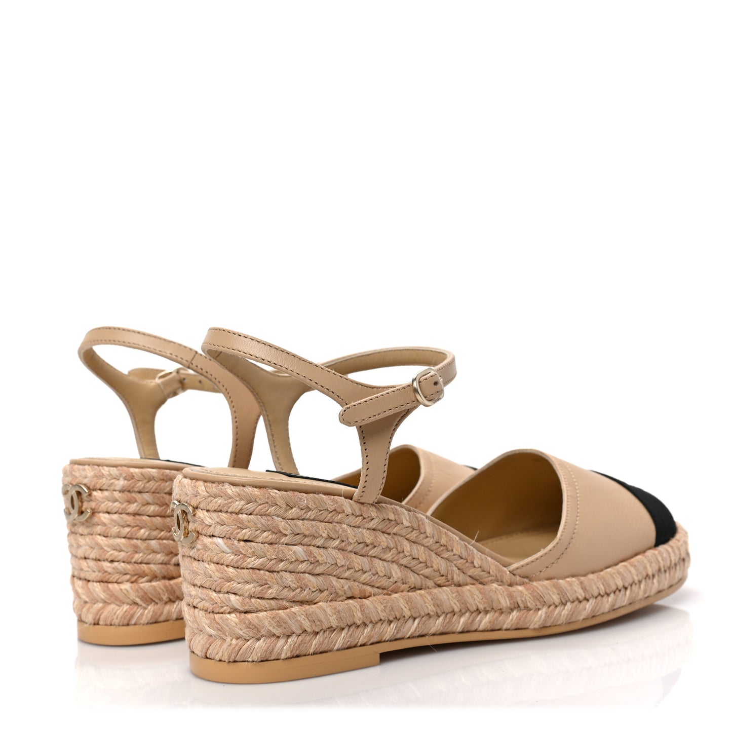 Lambskin Grosgrain CC Espadrilles Wedges 37 Beige Black
