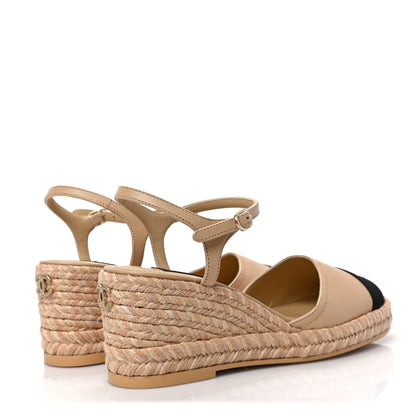 Chanel Lambskin Grosgrain CC Espadrilles Wedges 37 Beige Black 4 of 9