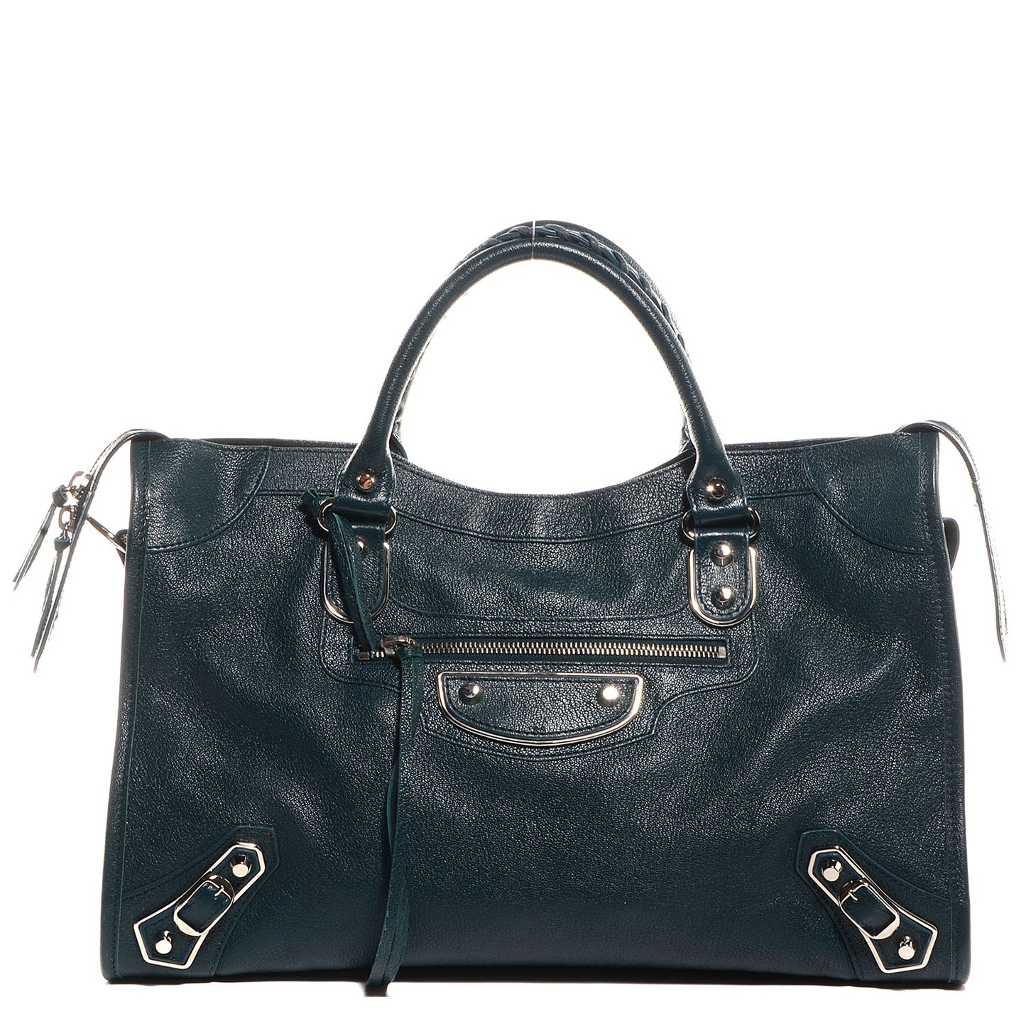 Shiny Goatskin Silver Metallic Edge Hardware City Bleu Paon