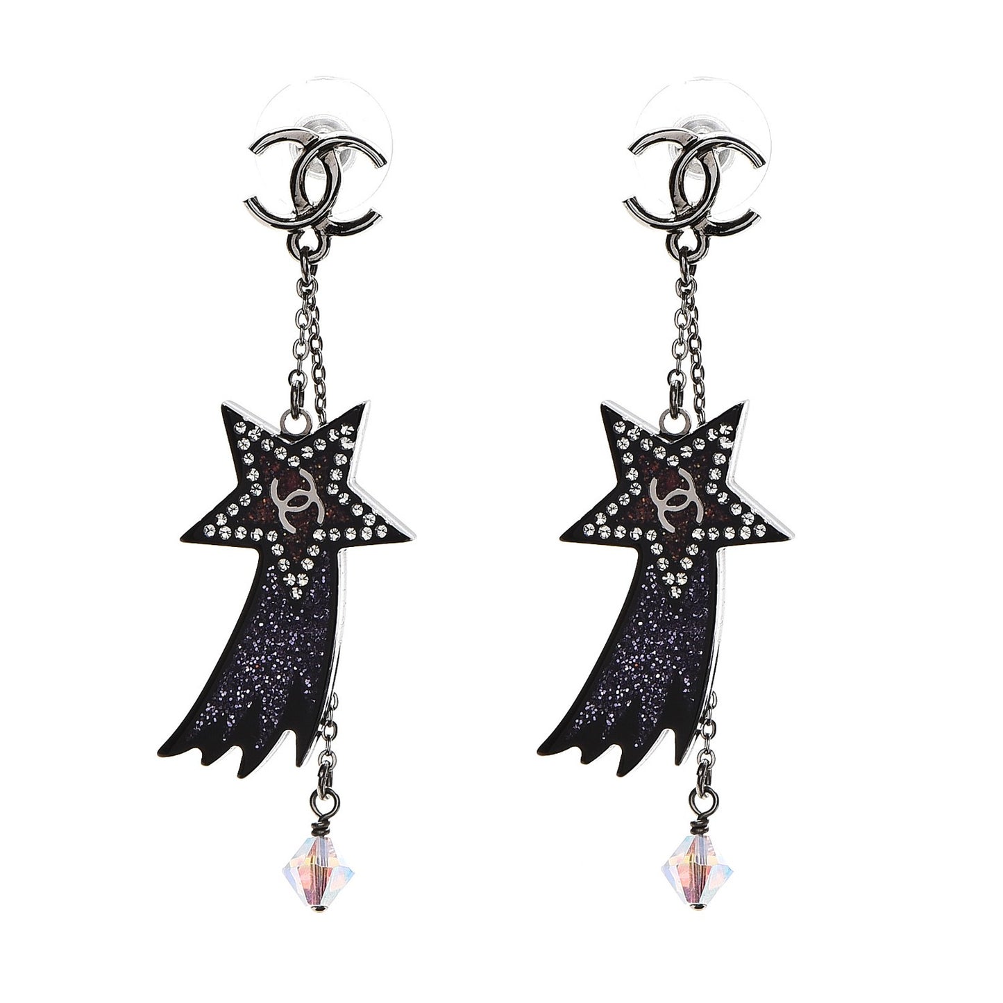 Crystal CC Shooting Star Dangle Earrings Silver Purple