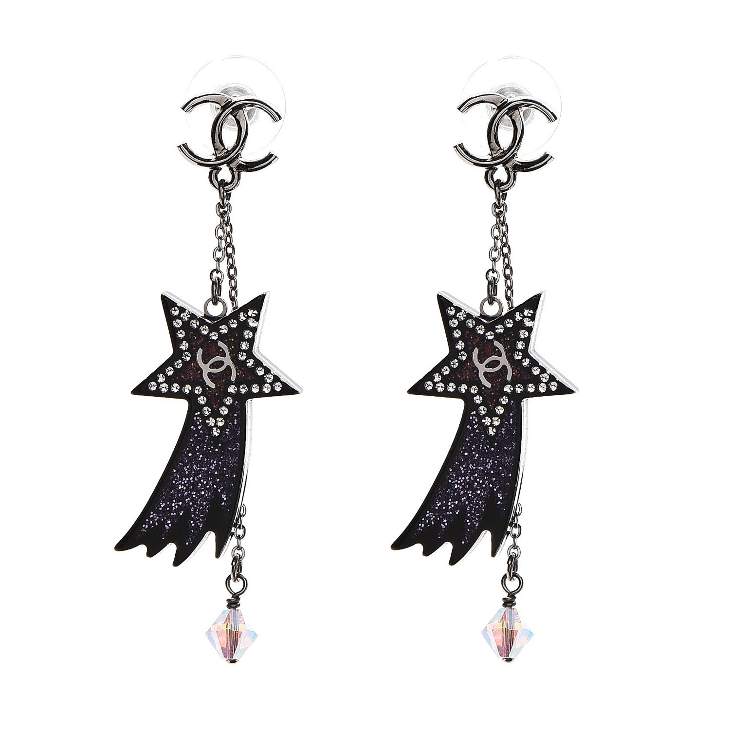 Chanel Crystal CC Shooting Star Dangle Earrings Silver Purple 1 of 5