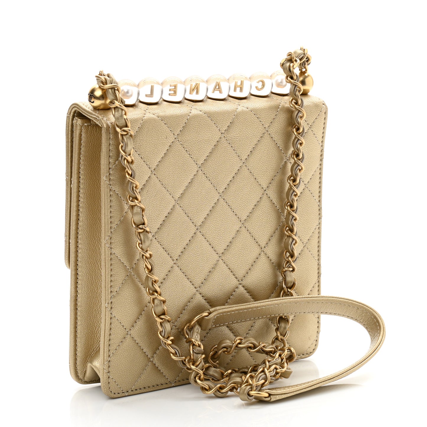 Metallic Goatskin Quilted Chic Pearls Flap Gold
