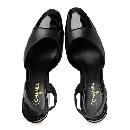 Chanel Lambskin Patent Cap Toe CC Apple Slingback Pumps 37 Black 2 of 10