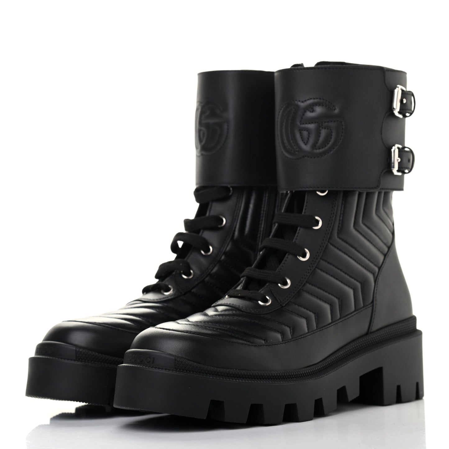Nappa Frances GG Matelasse Platform Combat Boots 37.5 Black