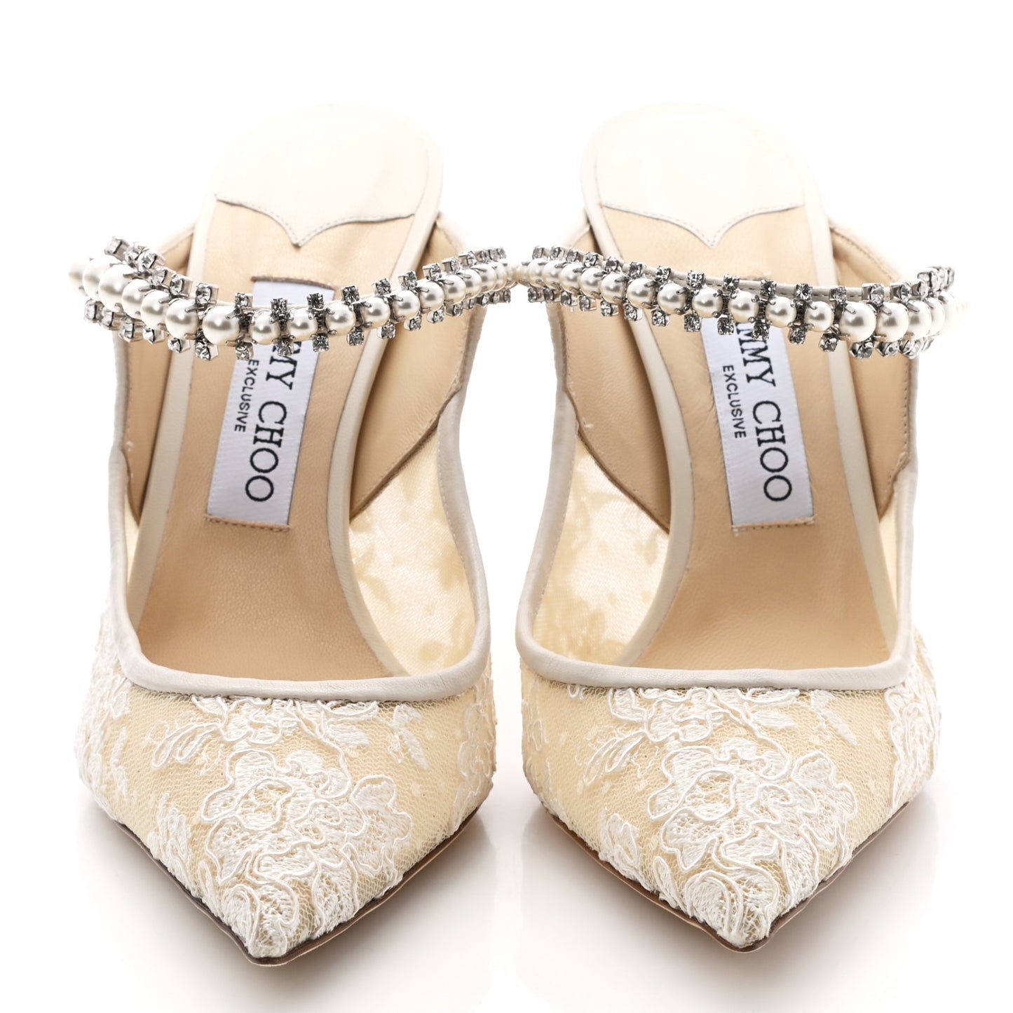 Lace Mesh Crystal Strap Bing Mules 40 Ivory