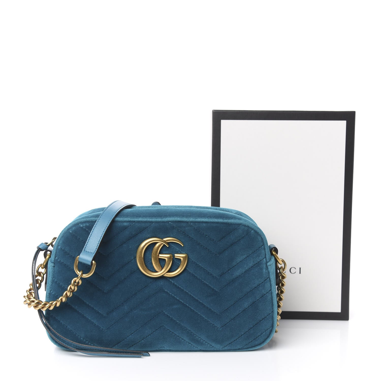 Gucci Velvet Matelasse Small GG Marmont Chain Shoulder Bag Pavone Cyan 11 of 11