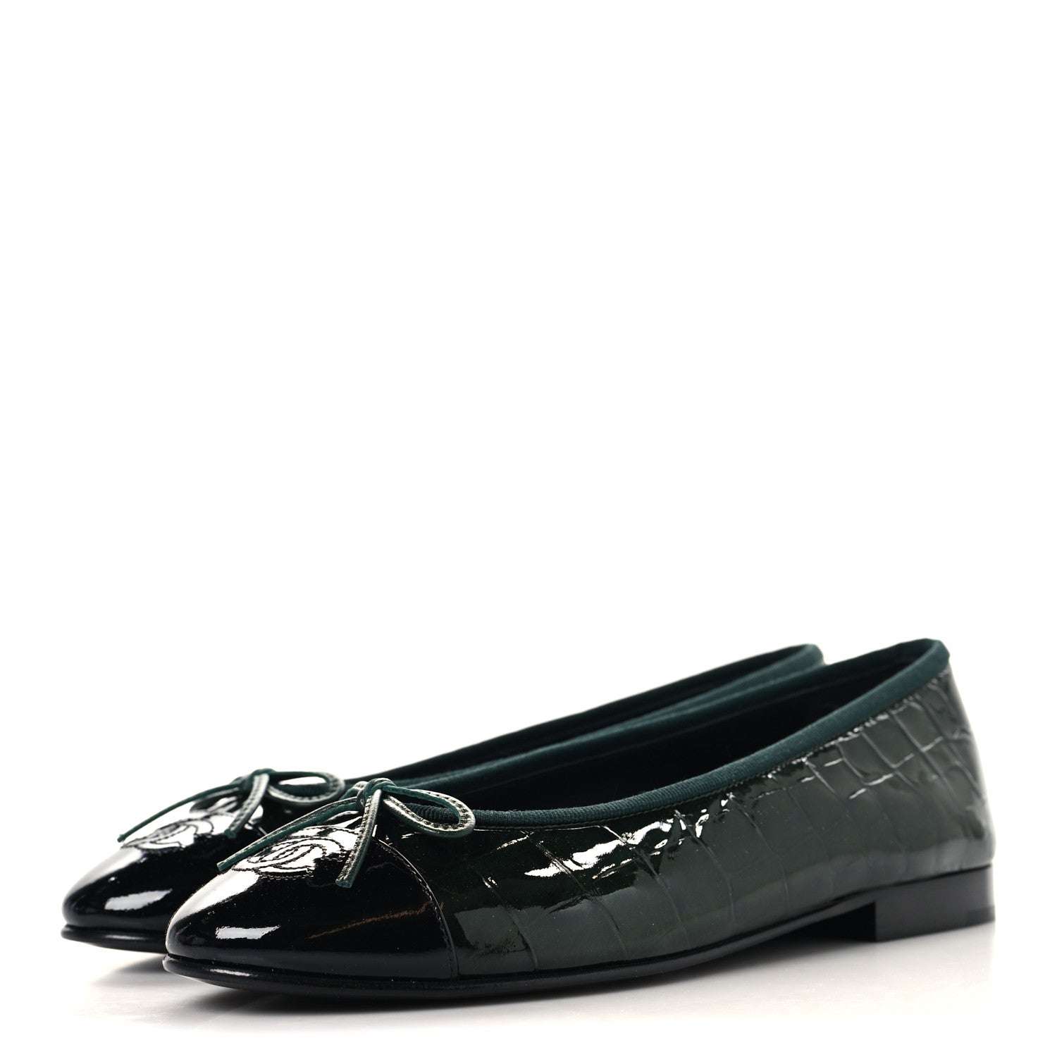 Chanel Patent Crocodile Embossed Ballerina Flats 37.5 Dark Green Black 4 of 10