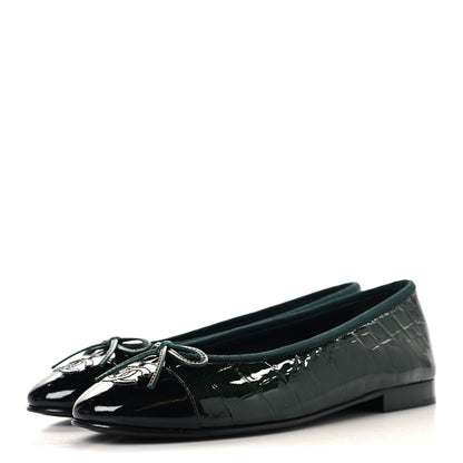 Chanel Patent Crocodile Embossed Ballerina Flats 37.5 Dark Green Black 4 of 10