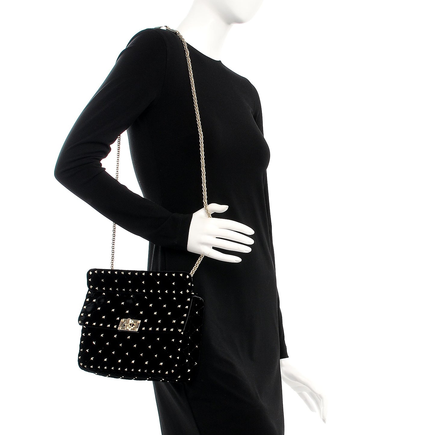 Velvet Medium Rockstud Spike Shoulder Bag Black