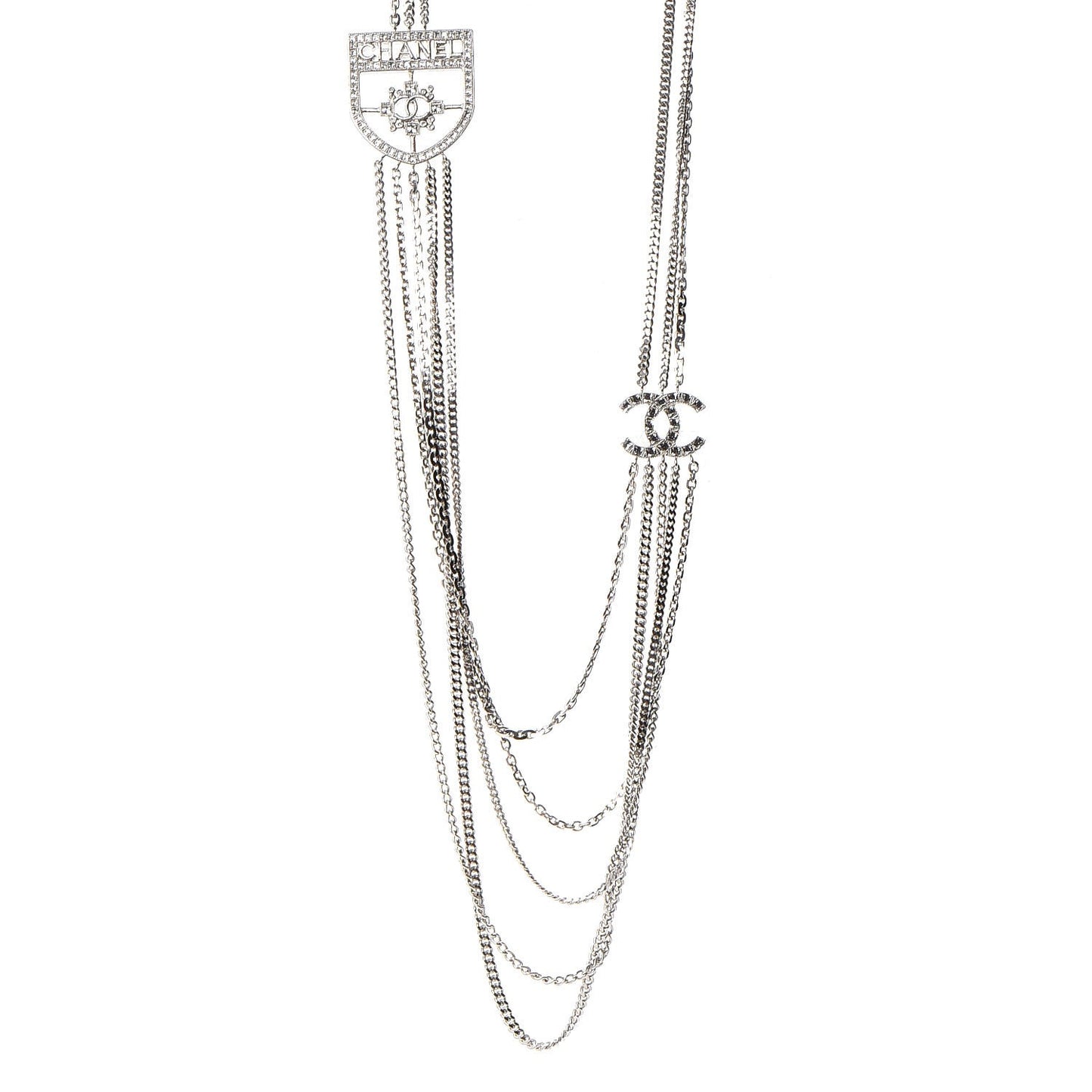 Baguette Crystal CC Shield Multi Strand Long Chain Necklace Silver