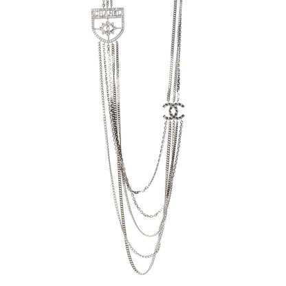 Chanel Baguette Crystal CC Shield Multi Strand Long Chain Necklace Silver 1 of 7