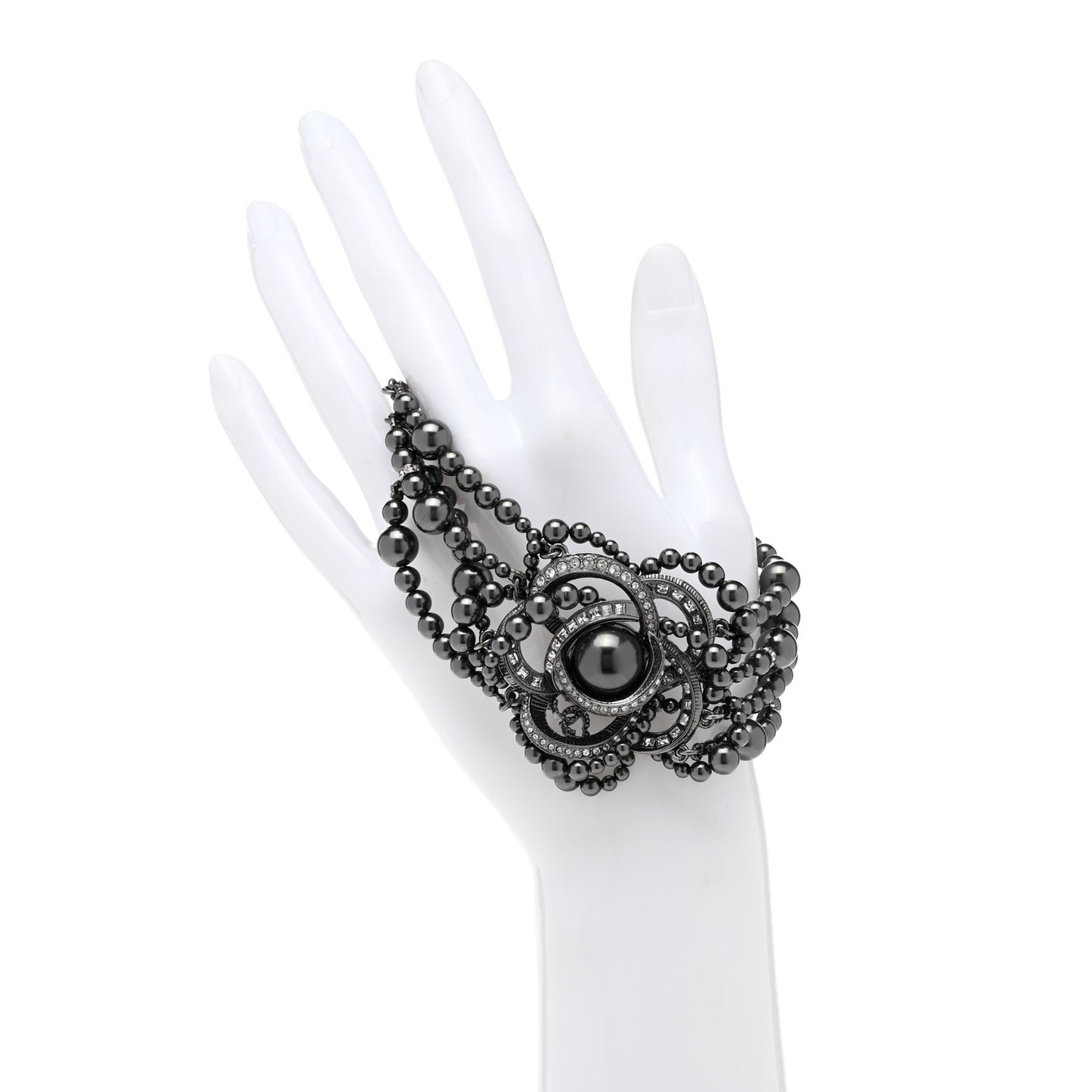 Ruthenium Crystal Bead Camellia Bracelet Pearly Grey