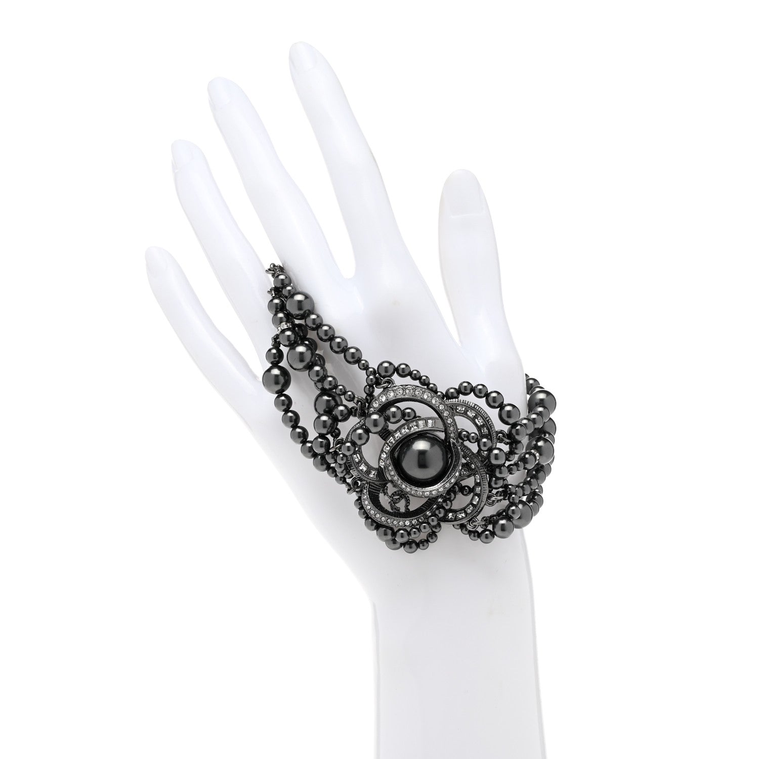 Chanel Ruthenium Crystal Bead Camellia Bracelet Pearly Grey 2 of 5