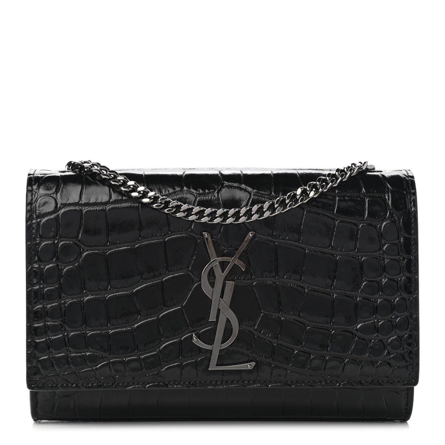 Patent Crocodile Embossed Small Classic Monogram Satchel Black