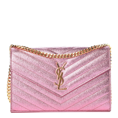 Saint Laurent Metallic Crackled Calfskin Matelasse Chevron Monogram Chain Wallet Light Pink 1 of 7