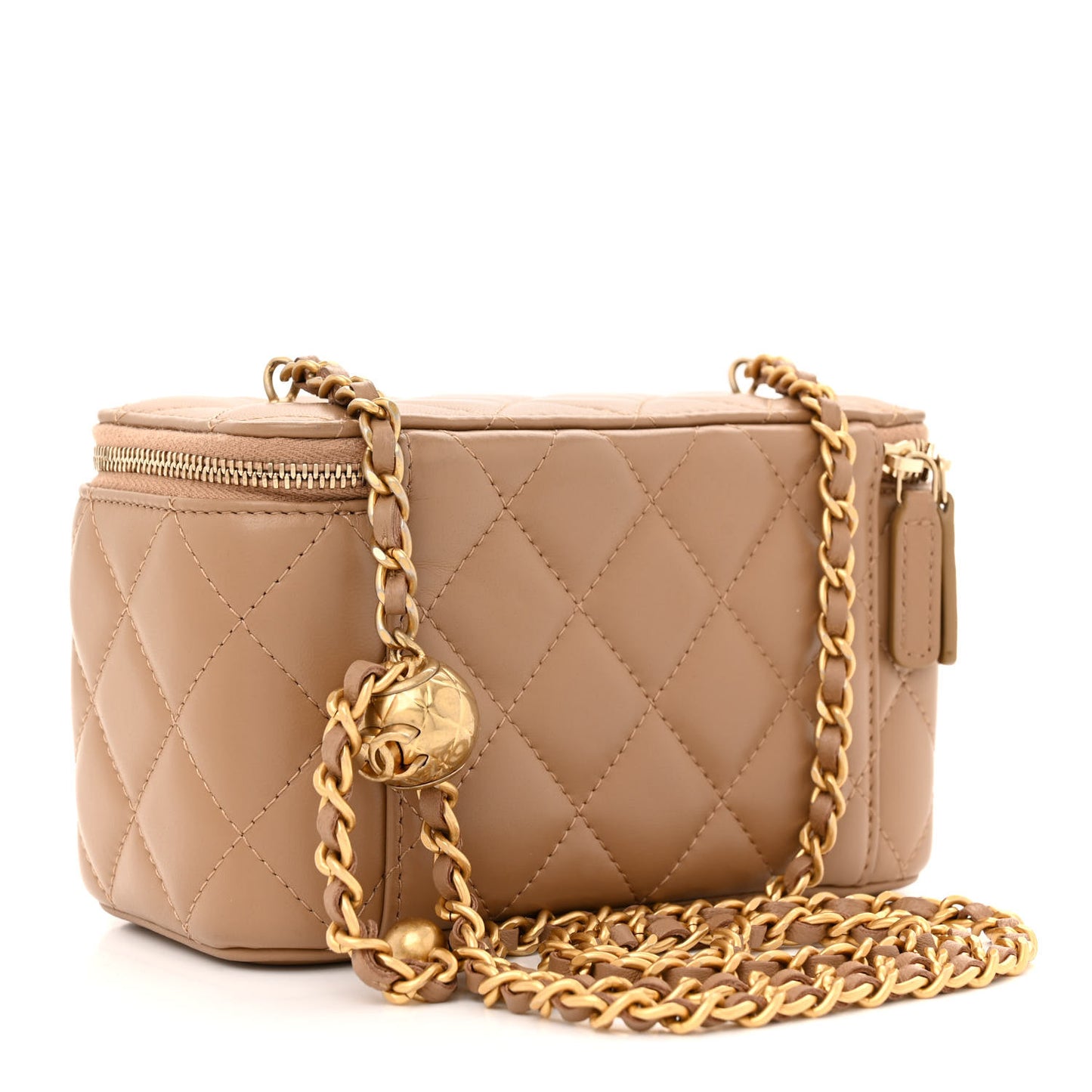 Lambskin Quilted Pearl Crush Small Vanity Case With Chain Beige