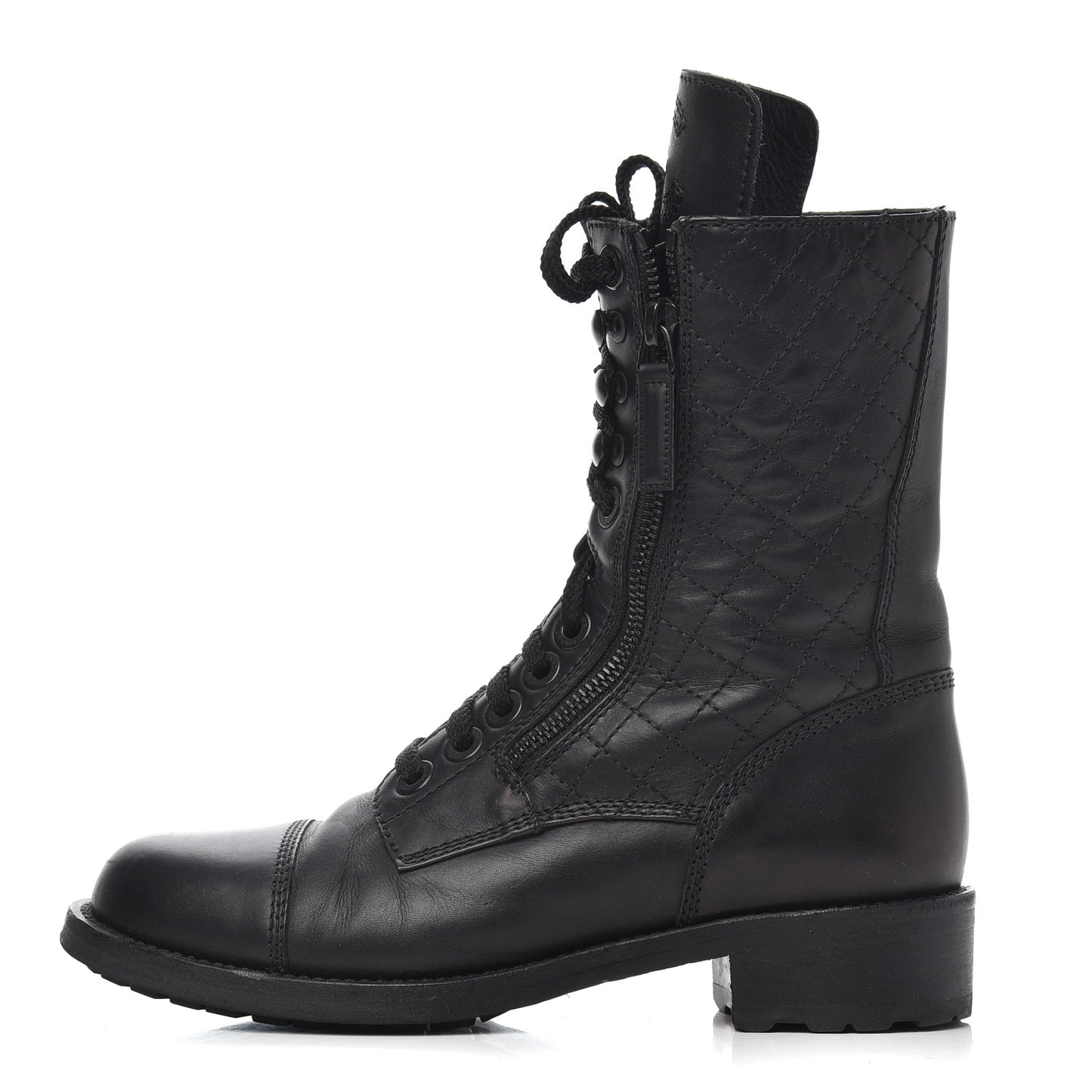 Calfskin Quilted Cap Toe Combat Boots 36 Black