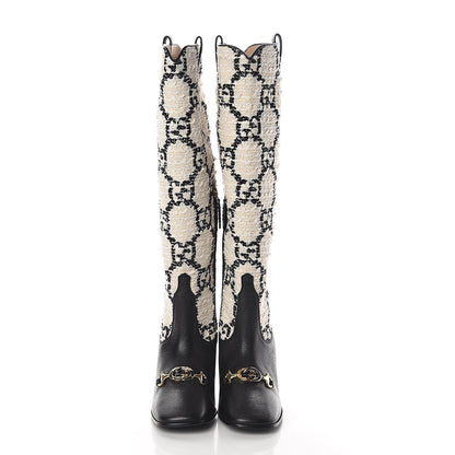 Gucci Tweed GG Monogram Wrinkled Kid Zumi Knee Boots 38 Natural Black 2 of 7