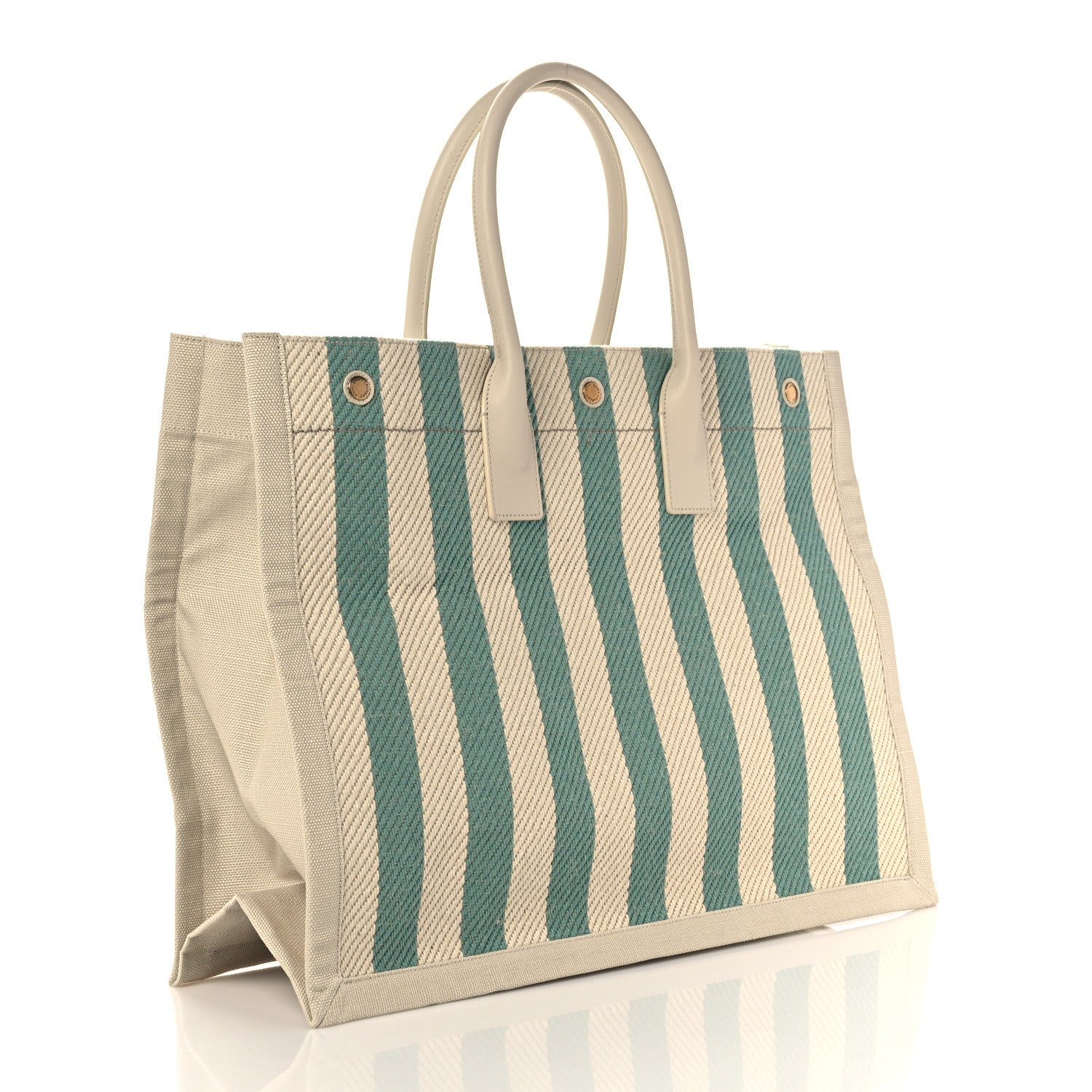 Saint Laurent Cotton Linen Calfskin Striped Rive Gauche Tote Water Green 3 of 10
