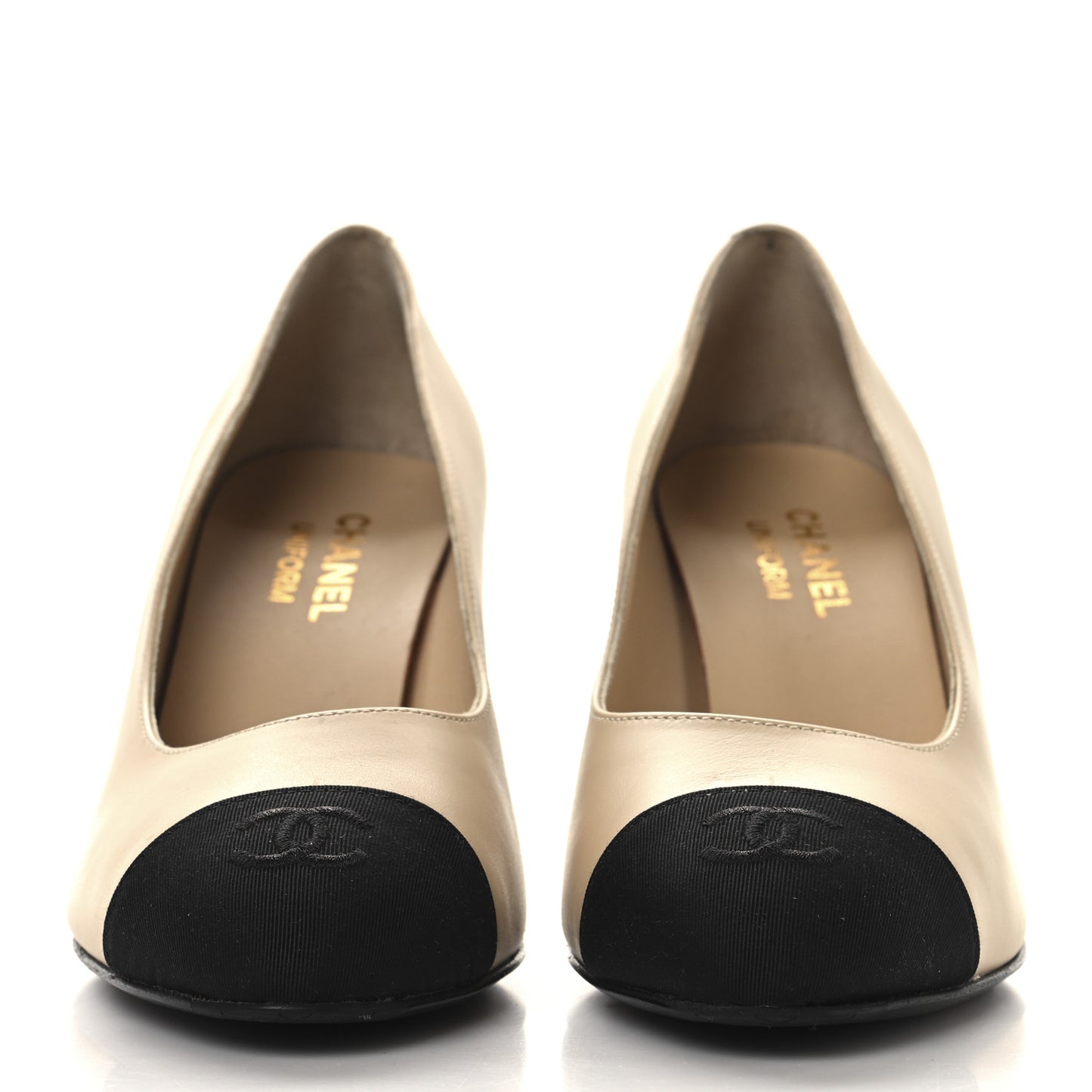 Lambskin Grosgrain Cap Toe CC Pumps 39 Beige Black