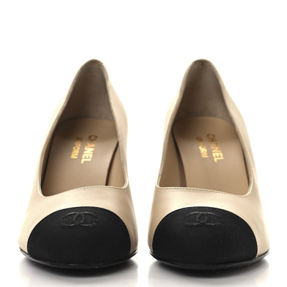 Chanel Lambskin Grosgrain Cap Toe CC Pumps 39 Beige Black 3 of 10