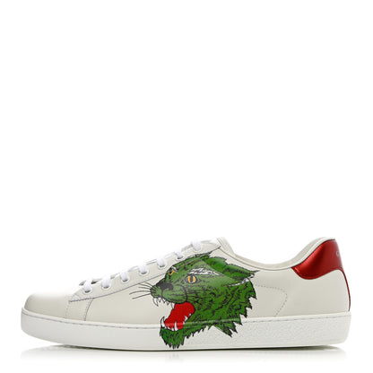 Gucci Calfskin Mens Green Panther Print Ace Sneakers 10.5 White 1 of 14