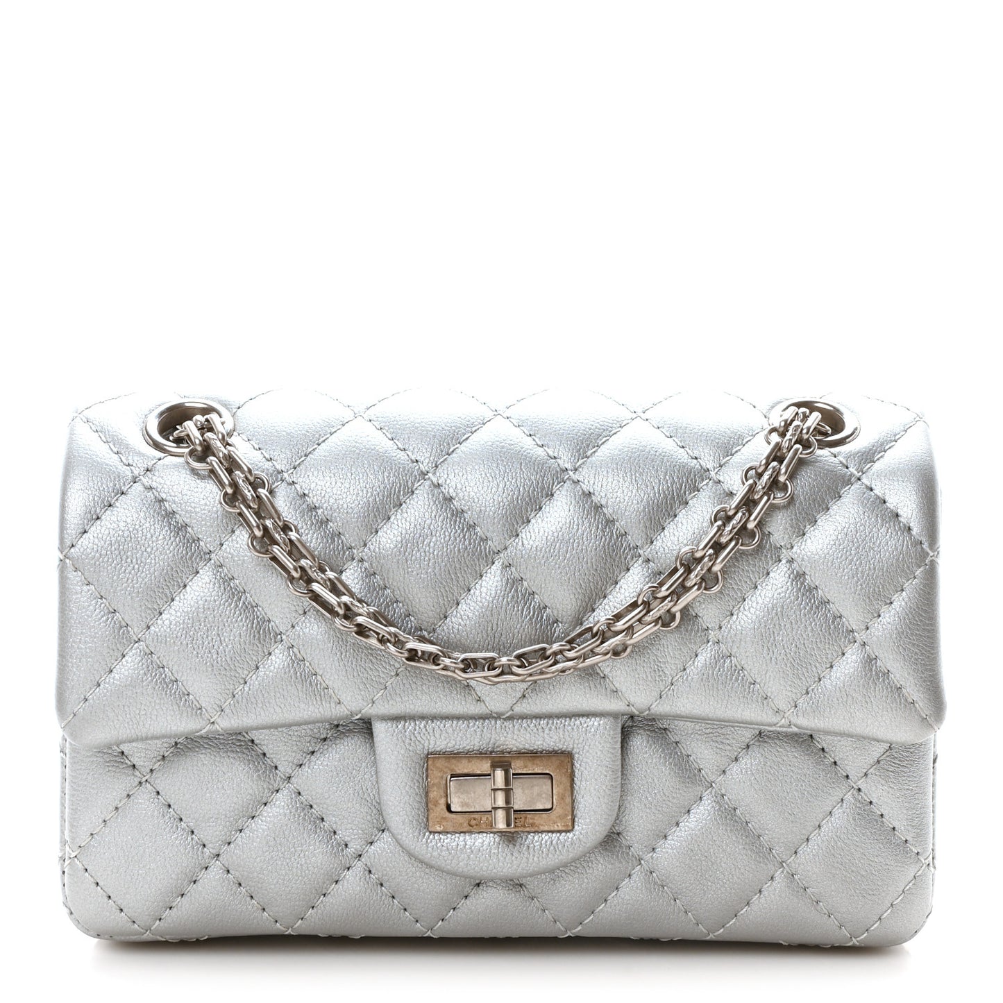 Metallic Grained Calfskin Quilted 2.55 Reissue Mini Flap Silver