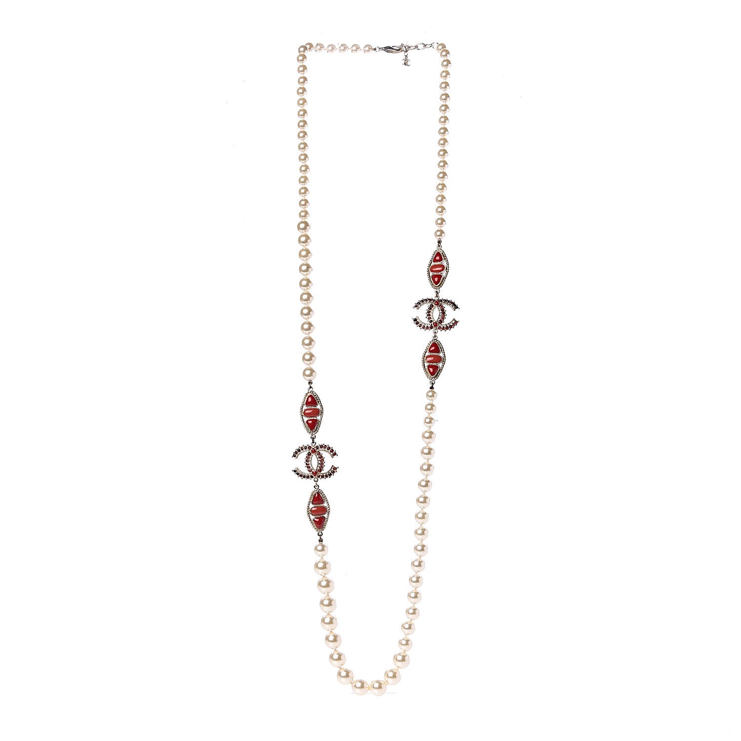 Pearl Gripoix CC Long Strand Necklace Gold Red