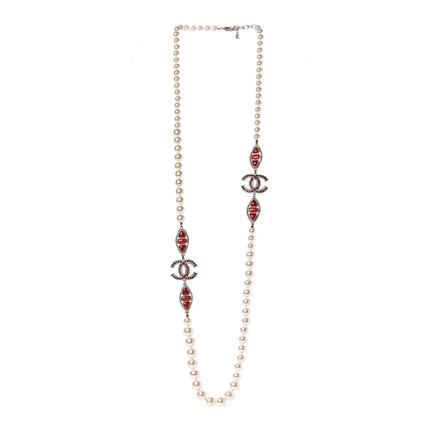 Chanel Pearl Gripoix CC Long Strand Necklace Gold Red 3 of 8