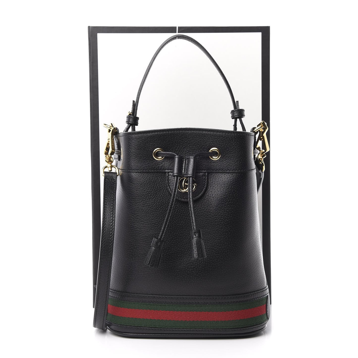Glazed Textured Calfskin Web Small Ophidia Bucket Bag Black