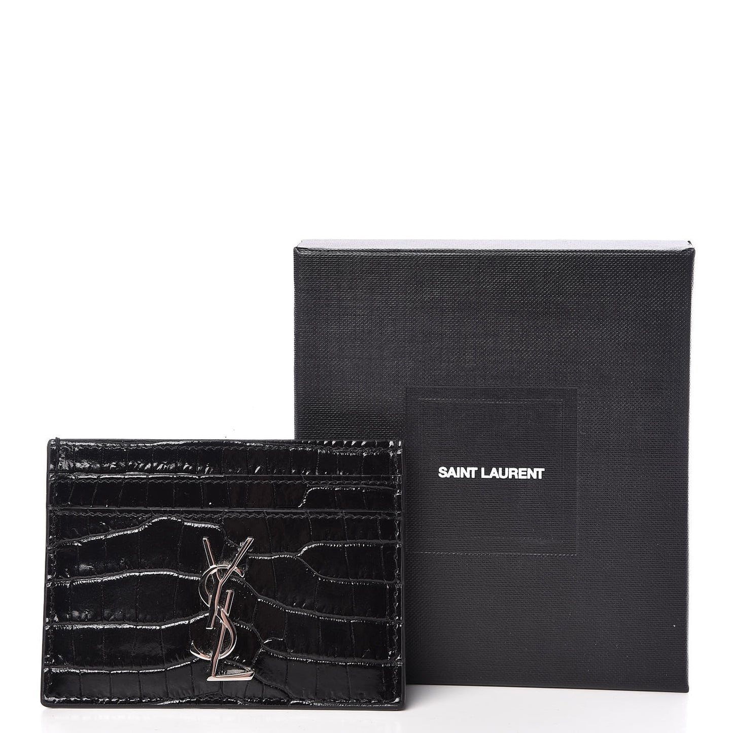 Calfskin Crocodile Embossed Monogram Credit Card Case Black